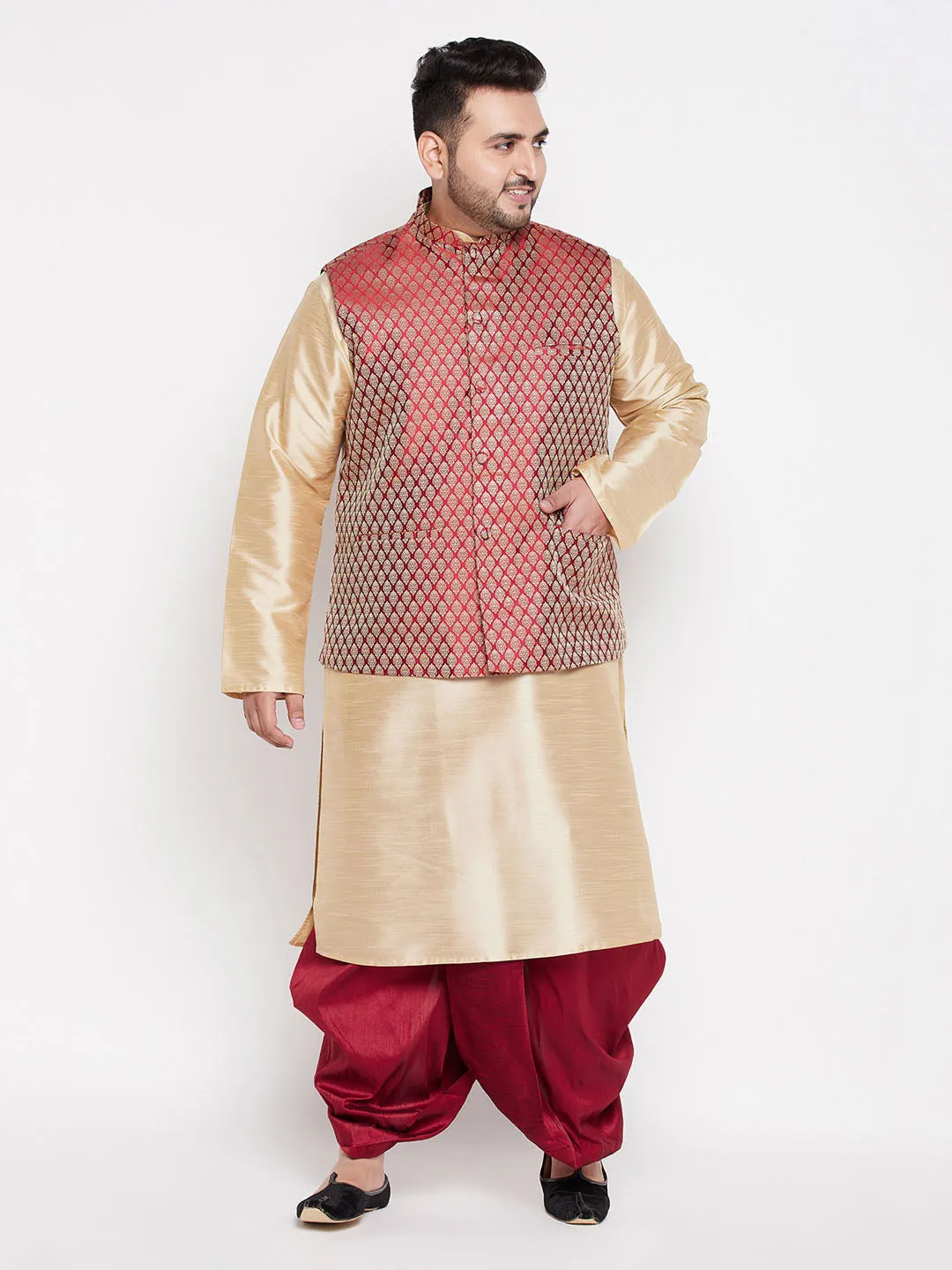 VASTRAMAY Maroon Nehru Jacket With Gold Kurta