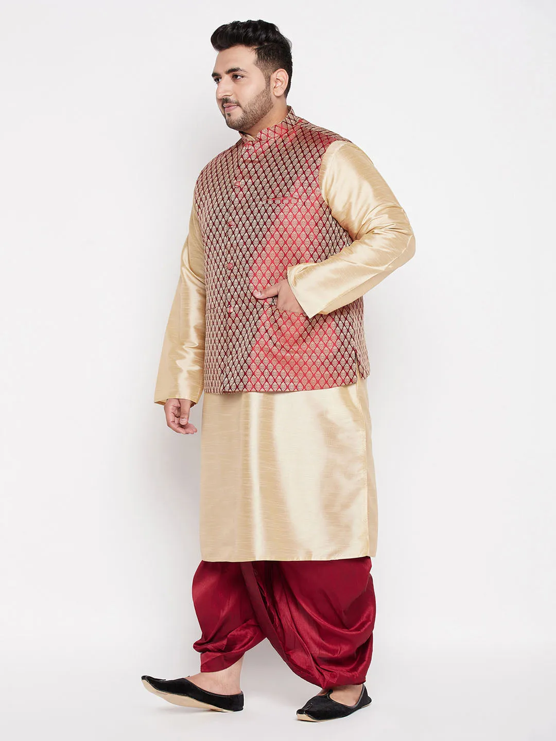 VASTRAMAY Maroon Nehru Jacket With Gold Kurta