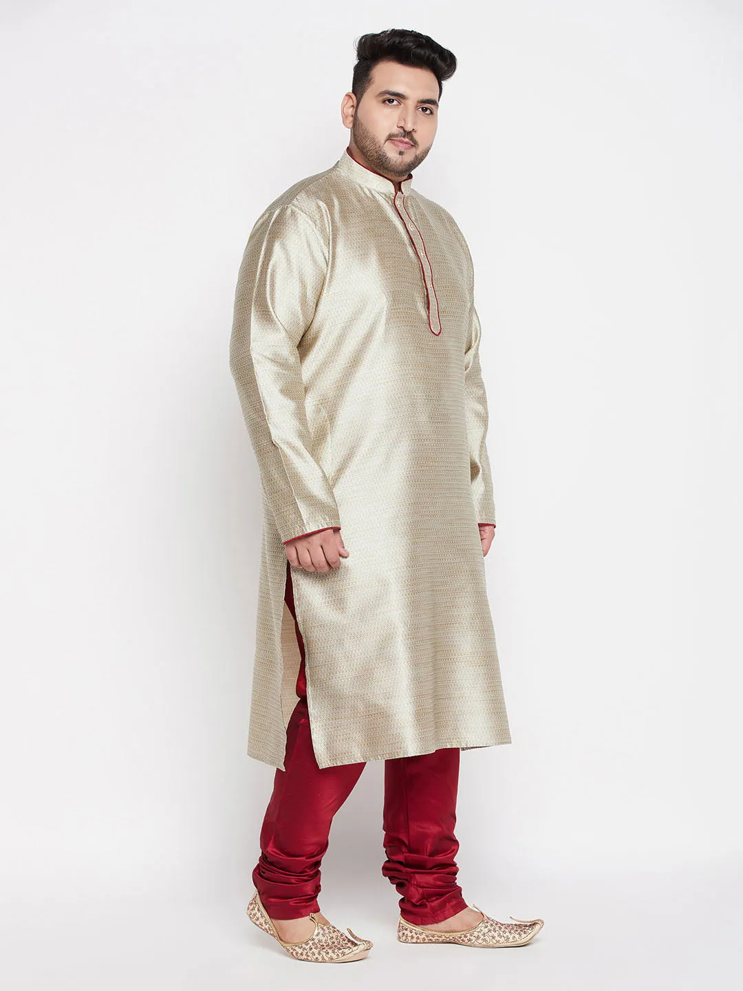 VASTRAMAY Men's Beige Kurta and Maroon Pyjama