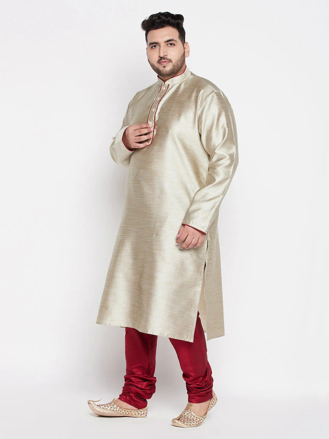 VASTRAMAY Men's Beige Kurta and Maroon Pyjama
