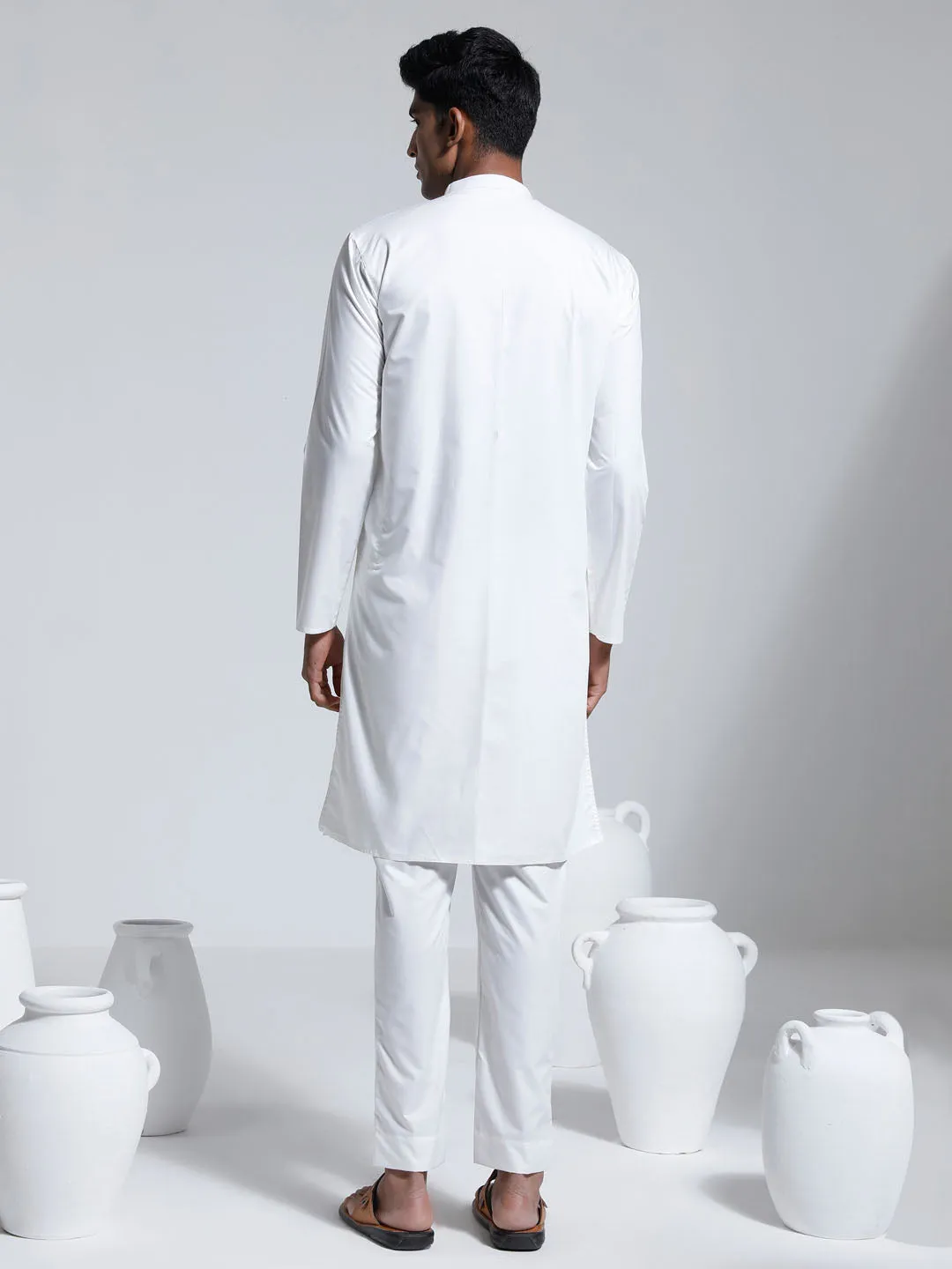 VASTRAMAY White Cotton Silk Kurta Pyjama Set
