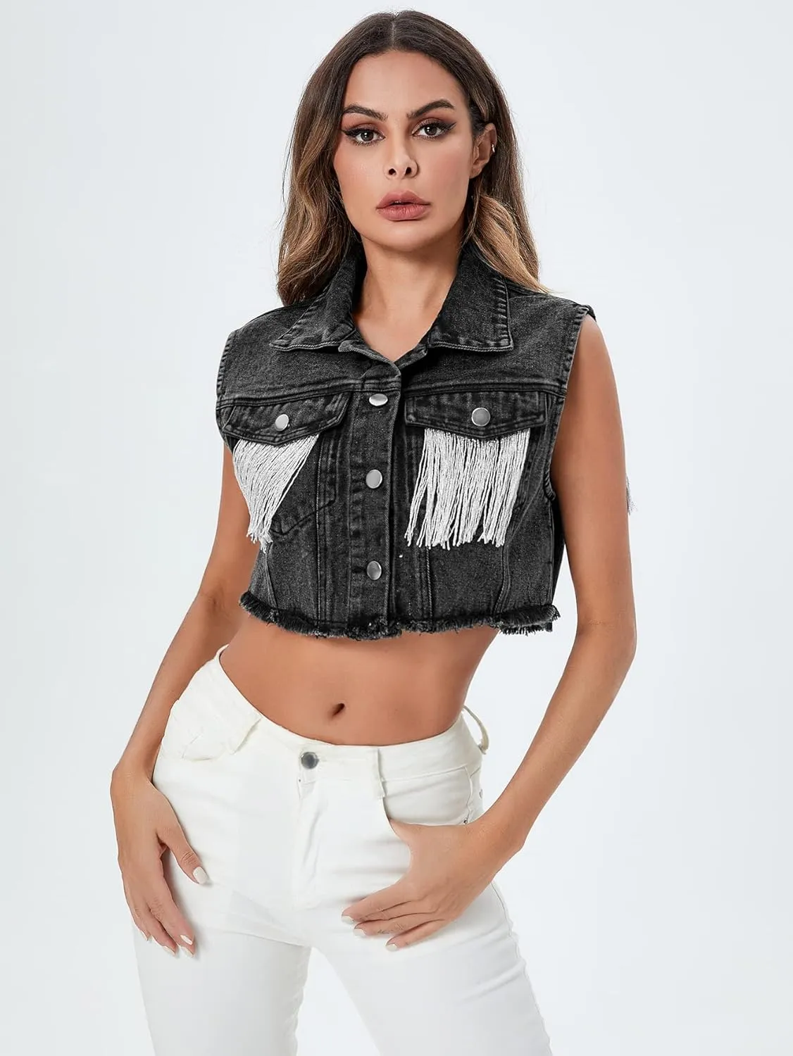 Verdusa Women's Fringe Raw Trim Sleeveless Denim Vest Jean Jacket Coat