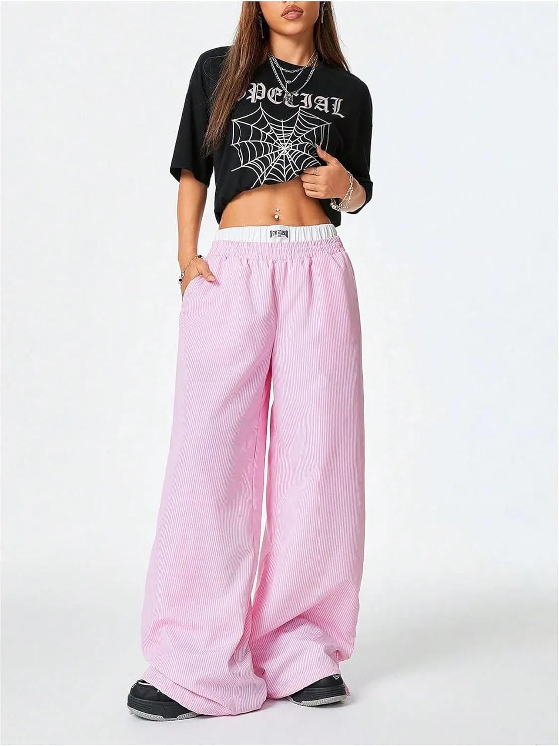 Verdusa Women's Striped Wide Leg Elastic High Waisted Casual Pants with Pockets