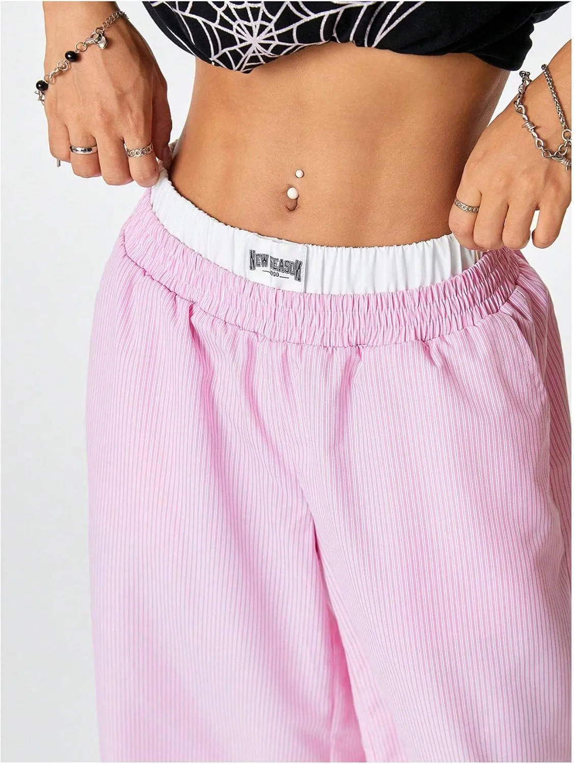 Verdusa Women's Striped Wide Leg Elastic High Waisted Casual Pants with Pockets