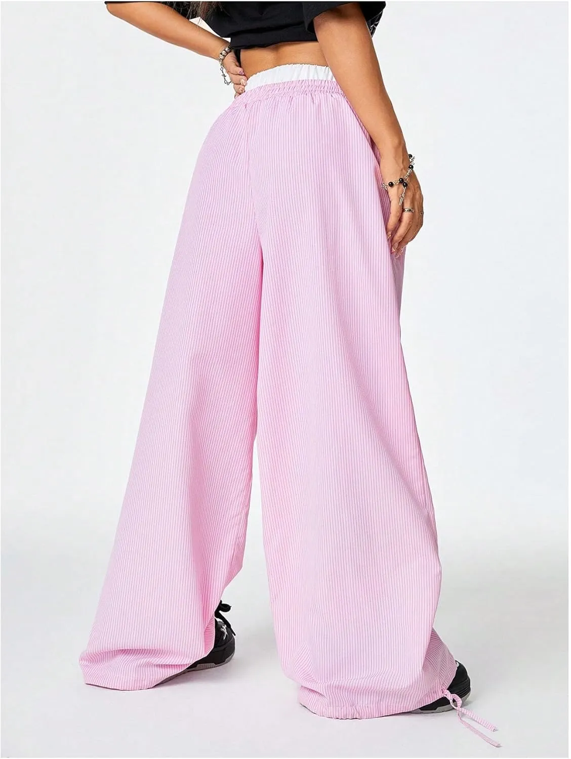 Verdusa Women's Striped Wide Leg Elastic High Waisted Casual Pants with Pockets