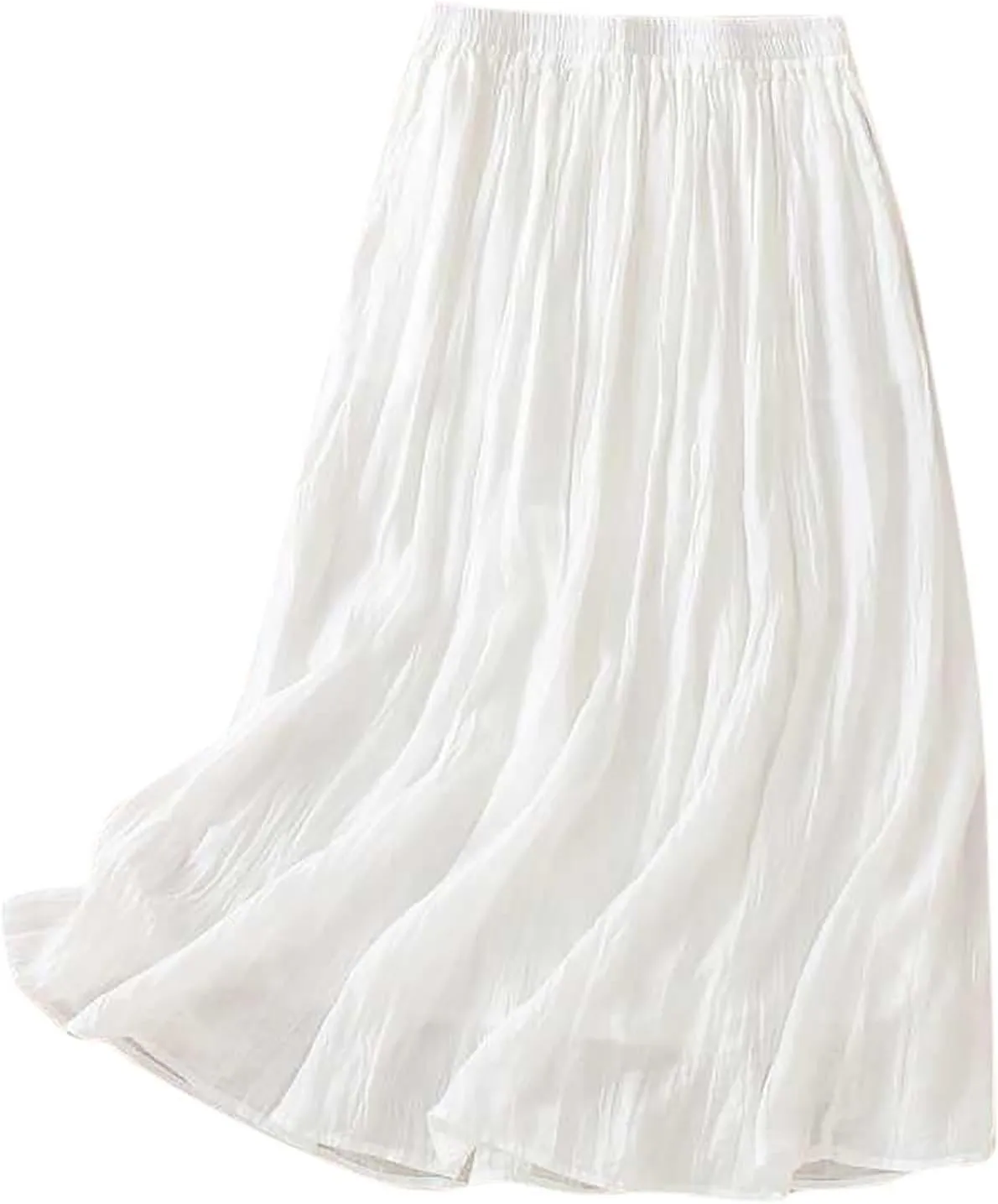 Vintage Cotton Linen Midi Skirt for Women Summer Casual Flowy A-Line Skirts Elastic High Waist Wrinkles Beach Skirt