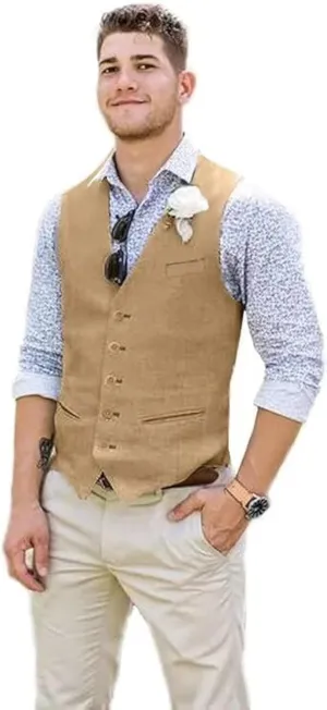 Wehilion Men Suit Vest Linen Beige Beach Wedding Waistcoat Summer Casual Men Groomsmen Dress Vest