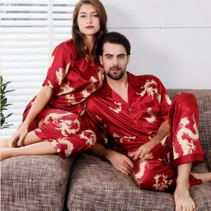 Woman'S Pajamas Chinese Style New Year Dragon Pattern Pjs Sleepwear Suit Soft 2 Pieces Shorts Sleeve Tops Pants Set Silk Satin Loungewear Nightwear For Adult Couple'S Jogging Homewear Outfits ( Color