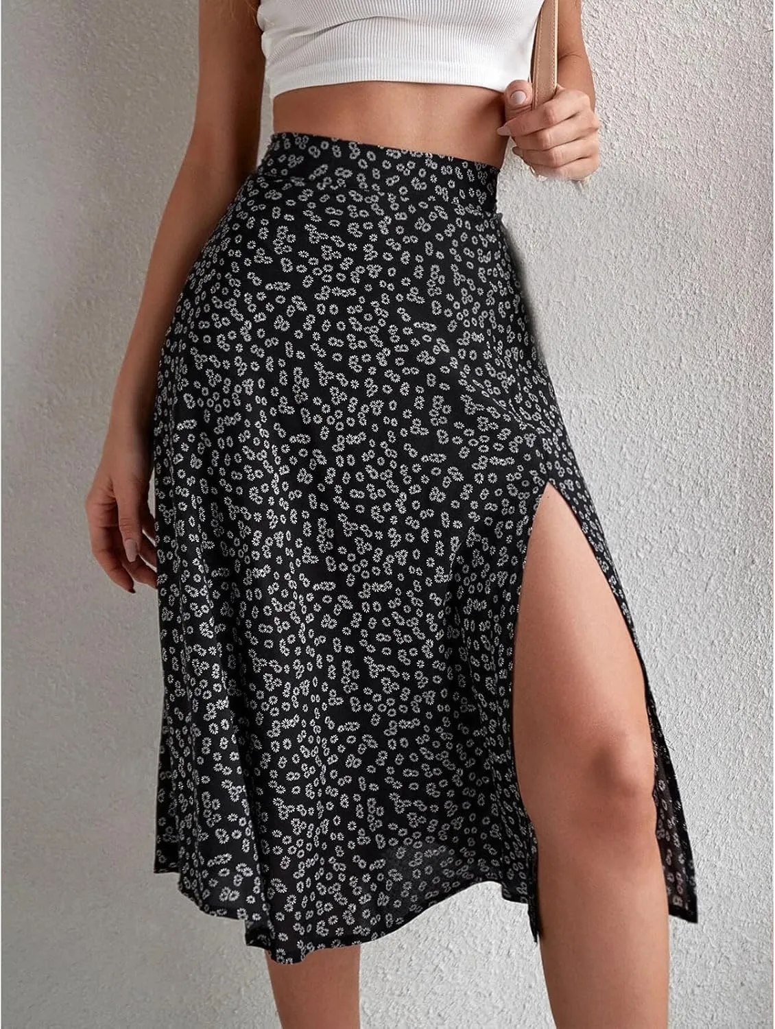 Women Boho Floral Skirts Slit Summer Flowy Split Maxi Skirt Lightweight High Waist A Line Skirts Beach Clothes