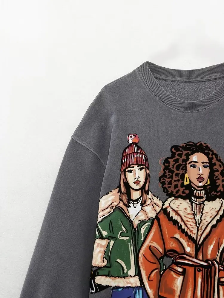 Women Clothing Girl Print Sweater Long Sleeve Top