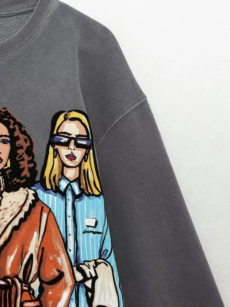 Women Clothing Girl Print Sweater Long Sleeve Top