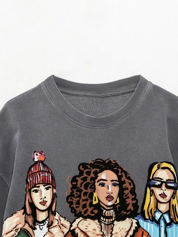 Women Clothing Girl Print Sweater Long Sleeve Top