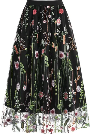 Women Floral Embroidery Skirt Elastic Waist Loose A Shaped Skirt Double Layer Pleated Midi Skirt