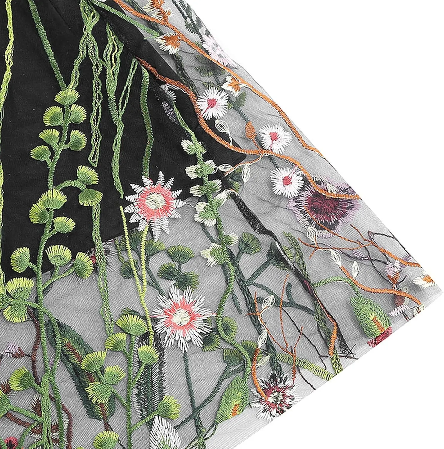 Women Floral Embroidery Skirt Elastic Waist Loose A Shaped Skirt Double Layer Pleated Midi Skirt
