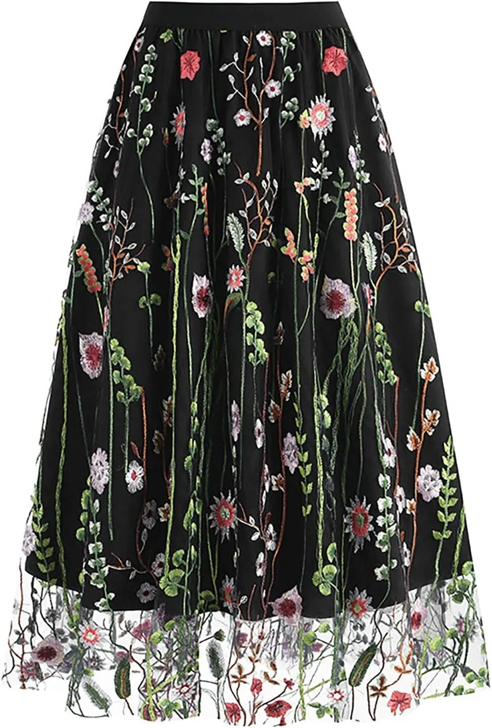 Women Floral Embroidery Skirt Elastic Waist Loose A Shaped Skirt Double Layer Pleated Midi Skirt