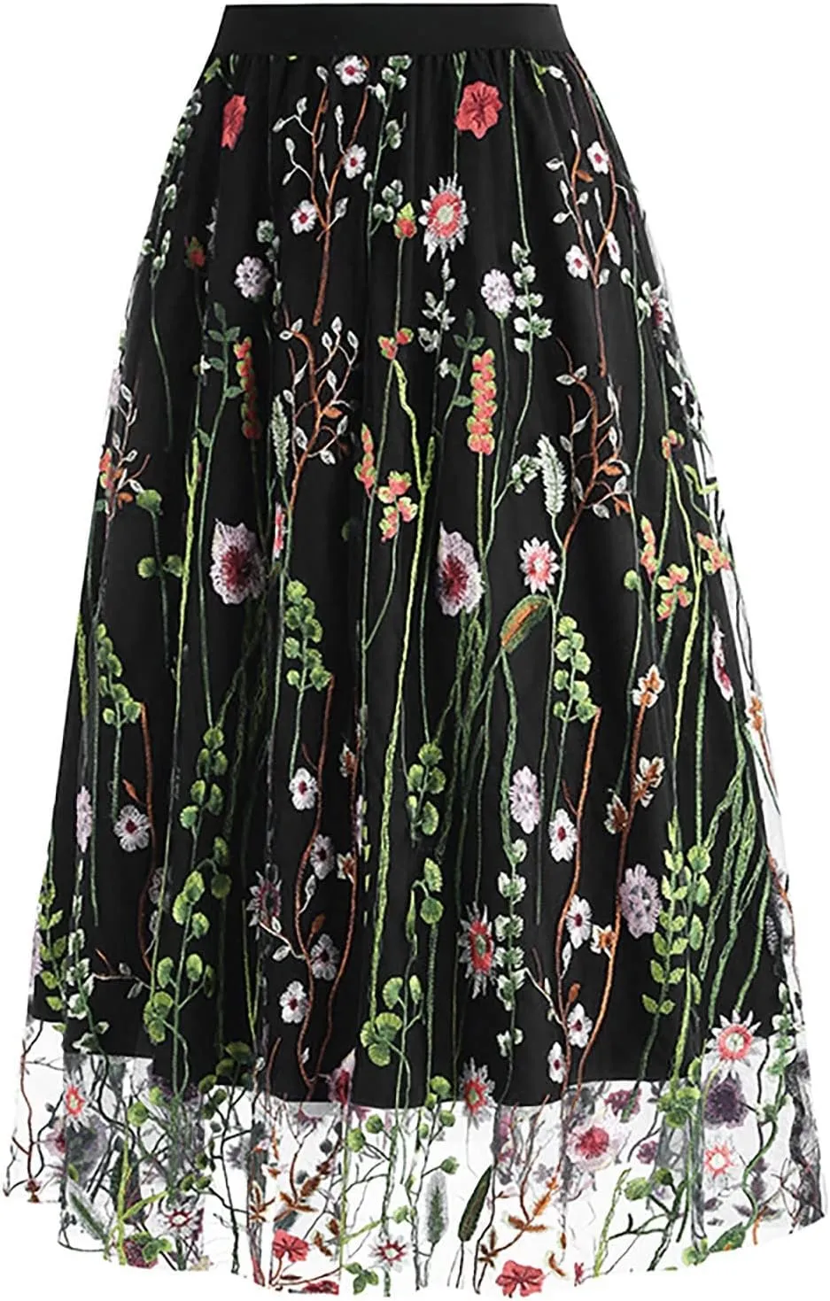 Women Floral Embroidery Skirt Elastic Waist Loose A Shaped Skirt Double Layer Pleated Midi Skirt