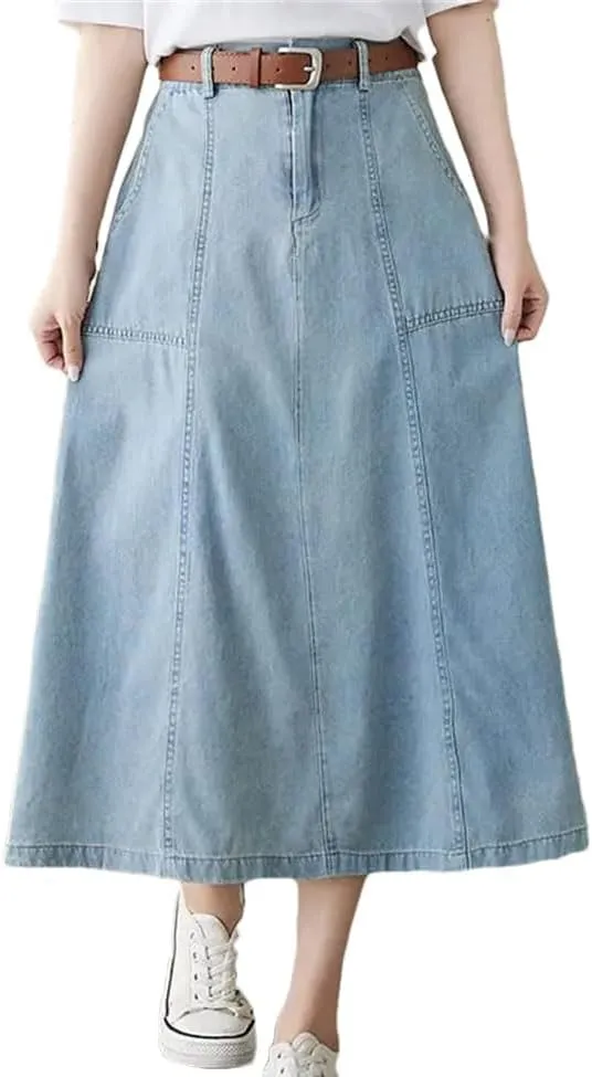 Women High Waisted Denim Skirt Loose A-Line Skirt Medium Length Solid Color Jeans Skirt