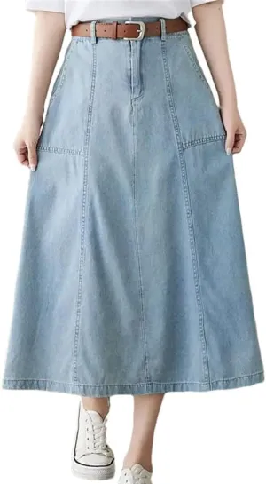 Women High Waisted Denim Skirt Loose A-Line Skirt Medium Length Solid Color Jeans Skirt