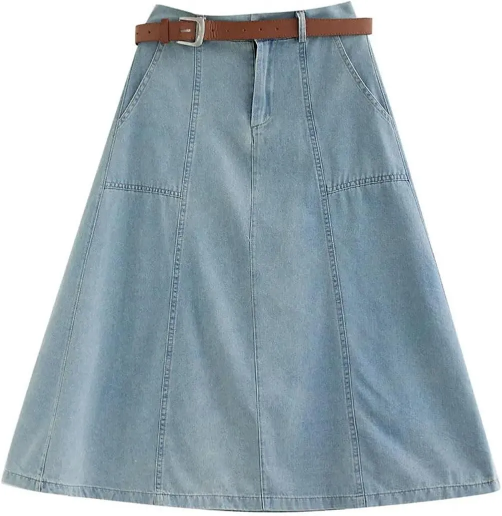 Women High Waisted Denim Skirt Loose A-Line Skirt Medium Length Solid Color Jeans Skirt