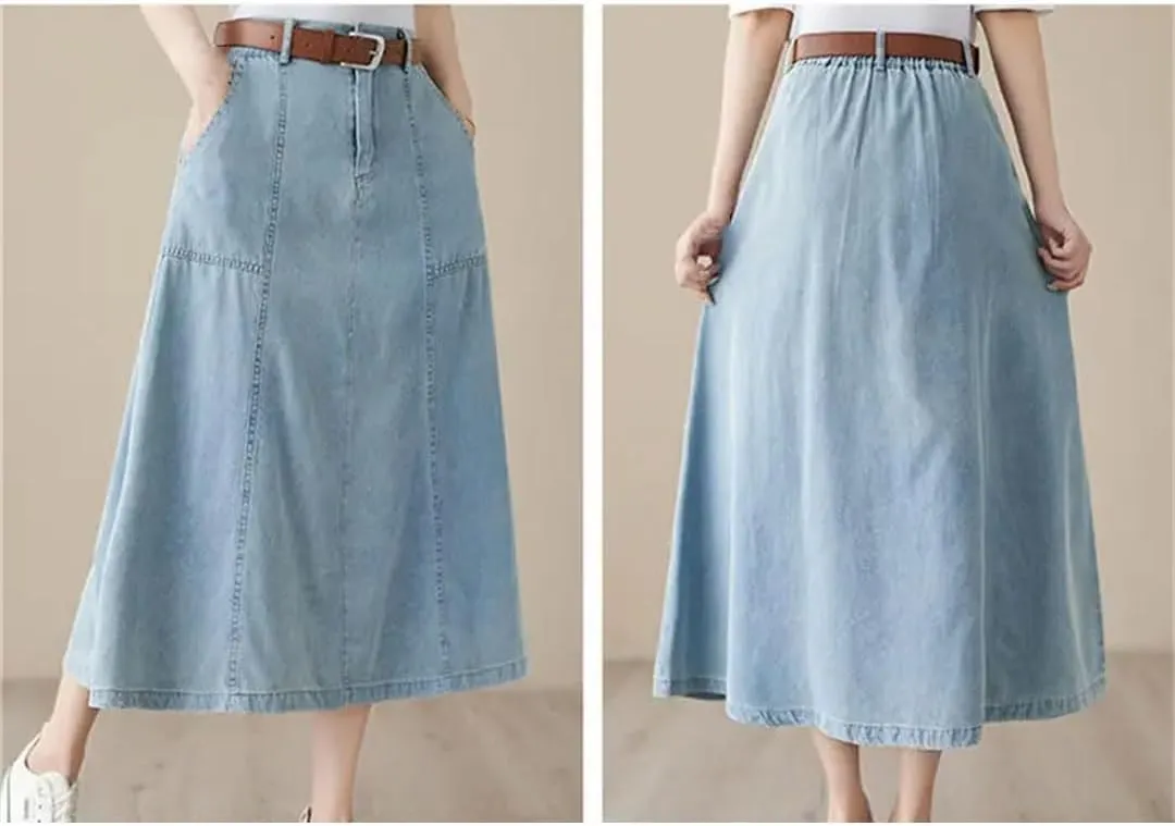 Women High Waisted Denim Skirt Loose A-Line Skirt Medium Length Solid Color Jeans Skirt