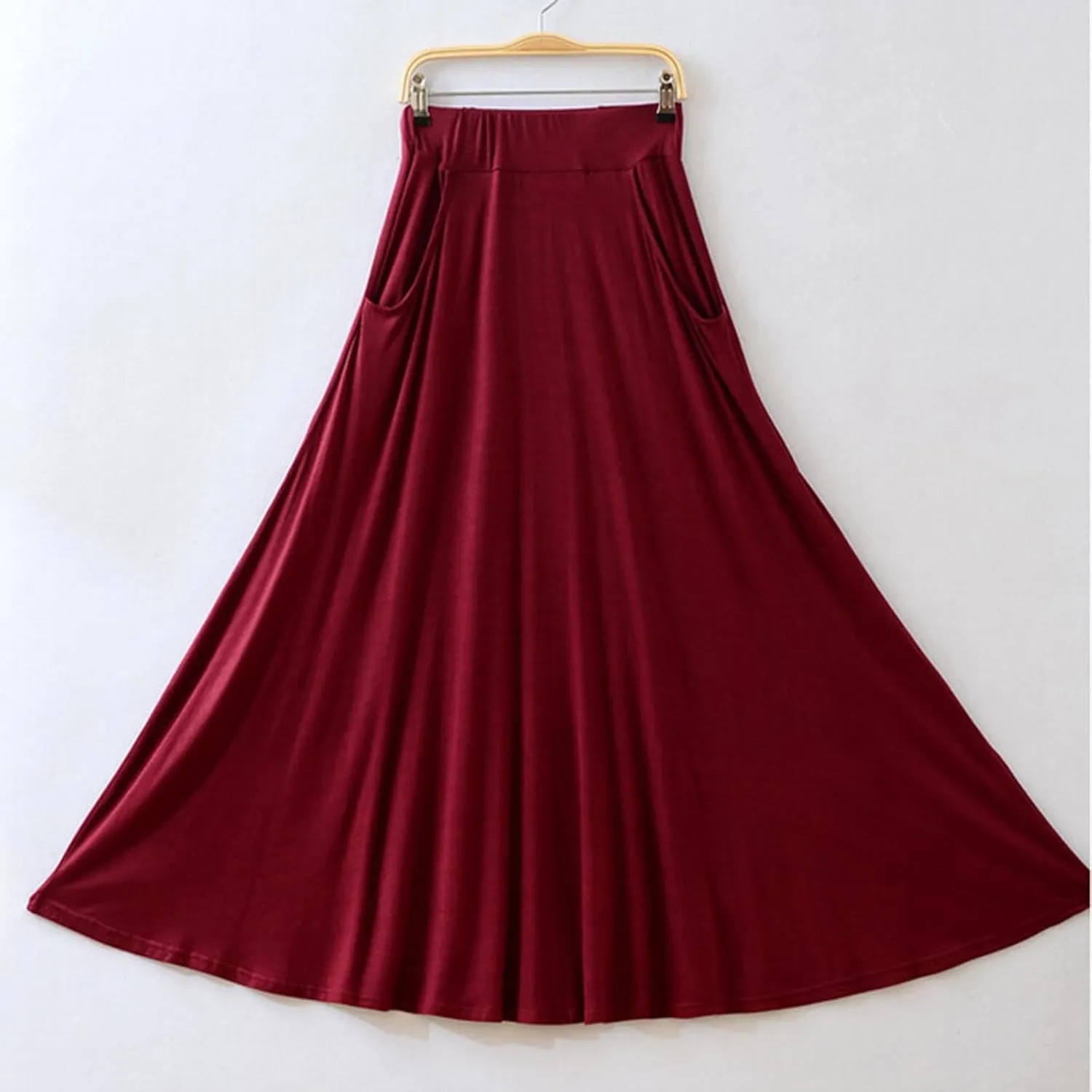 Women Maxi Skirt High Waisted Solid Color Summer Casual Skirt Pleated Swing Beach Skirt with Pockets for Vacation