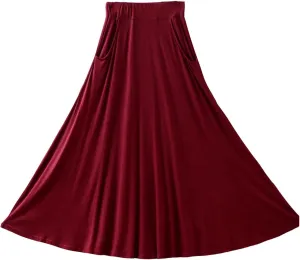 Women Maxi Skirt High Waisted Solid Color Summer Casual Skirt Pleated Swing Beach Skirt with Pockets for Vacation