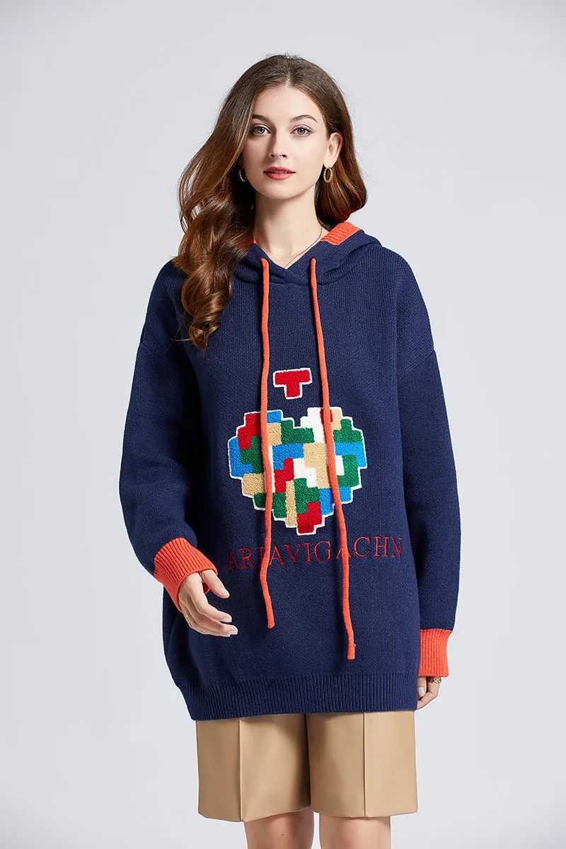 Women New Fall Winter Casual Love Long Hooded Arctic Velvet Sweater Loose Padded Top Hoodies