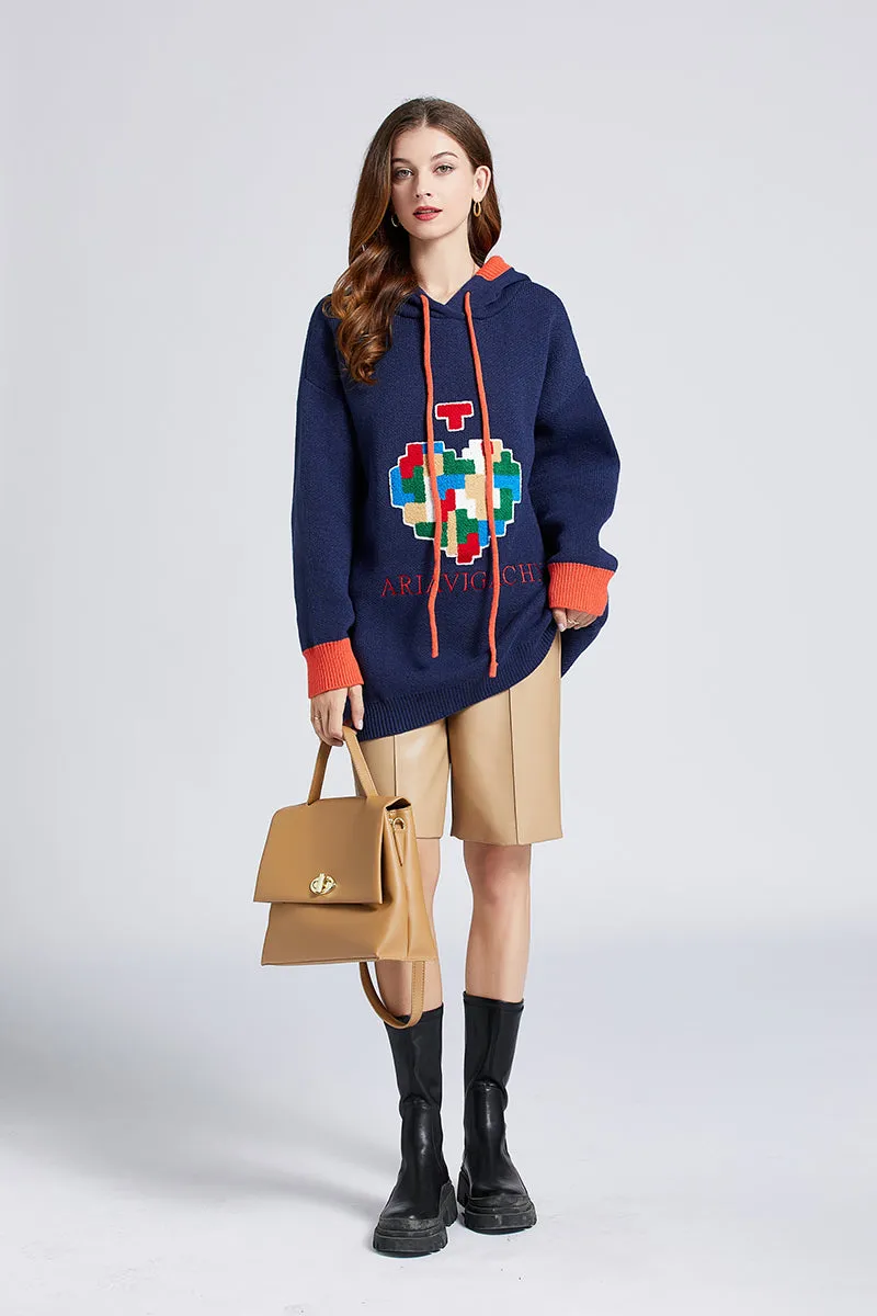 Women New Fall Winter Casual Love Long Hooded Arctic Velvet Sweater Loose Padded Top Hoodies