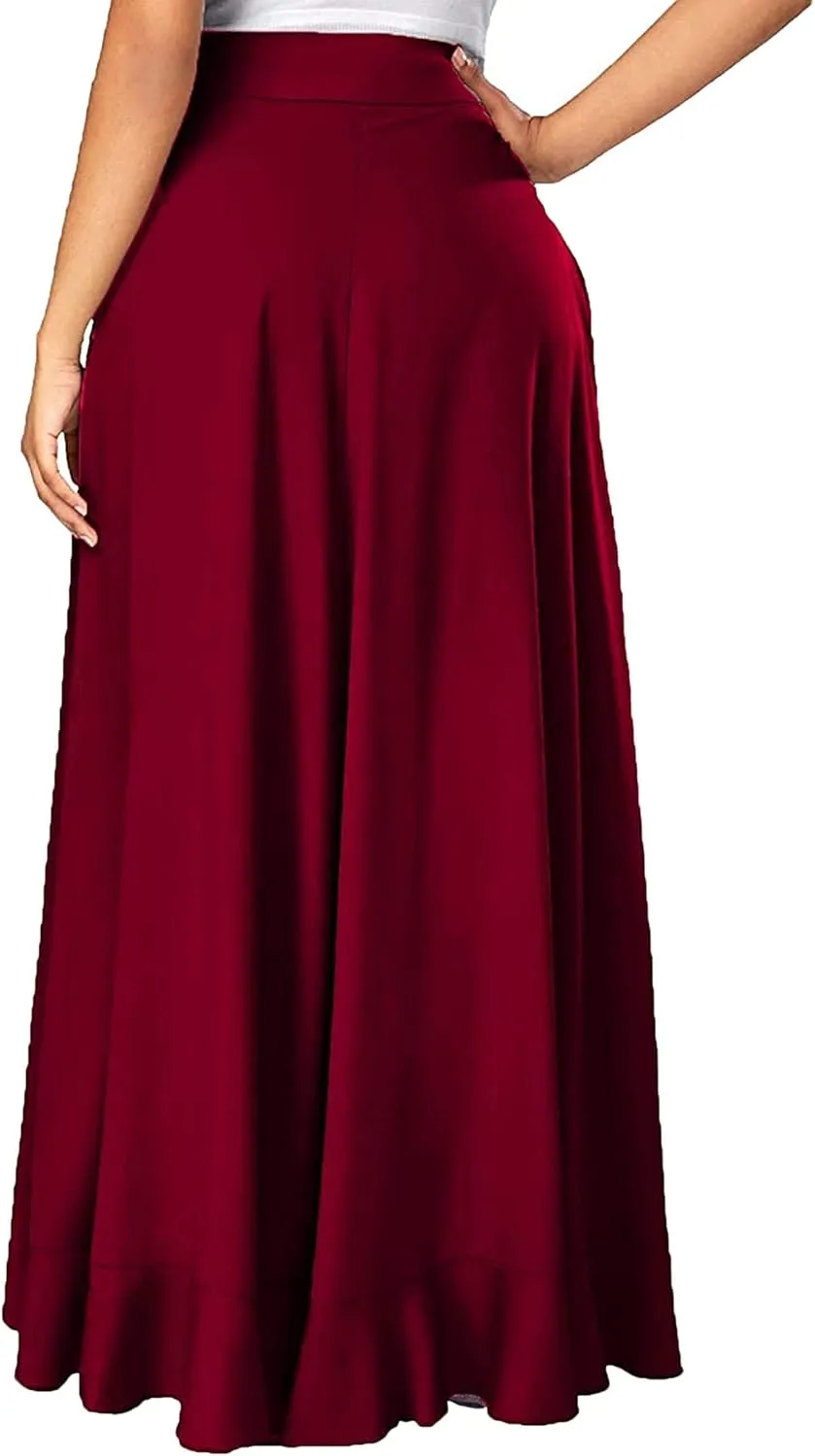 Women Ruffle Pants Split High Waist Maxi Long Crepe Palazzo Overlay Pant Skirt Night Club Cocktail Party Gift