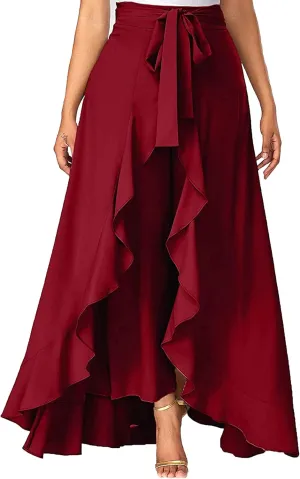 Women Ruffle Pants Split High Waist Maxi Long Crepe Palazzo Overlay Pant Skirt Night Club Cocktail Party Gift