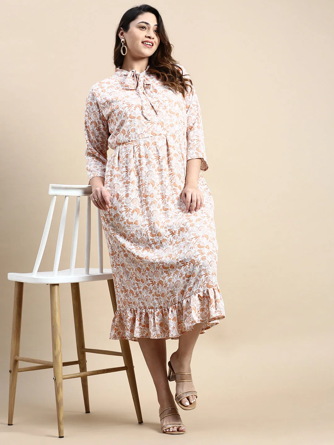 Women Tie-Up Neck Brown Bohemian Fit and Flare Dress