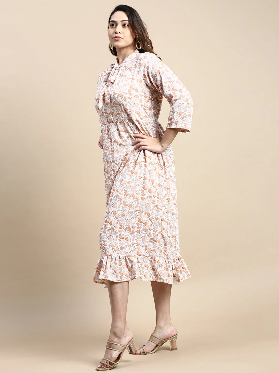 Women Tie-Up Neck Brown Bohemian Fit and Flare Dress