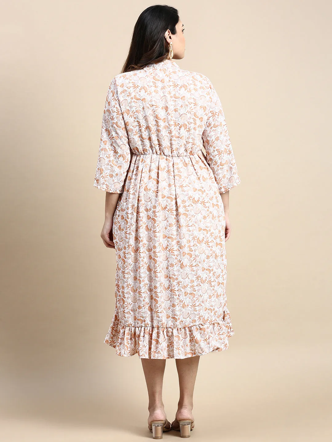 Women Tie-Up Neck Brown Bohemian Fit and Flare Dress