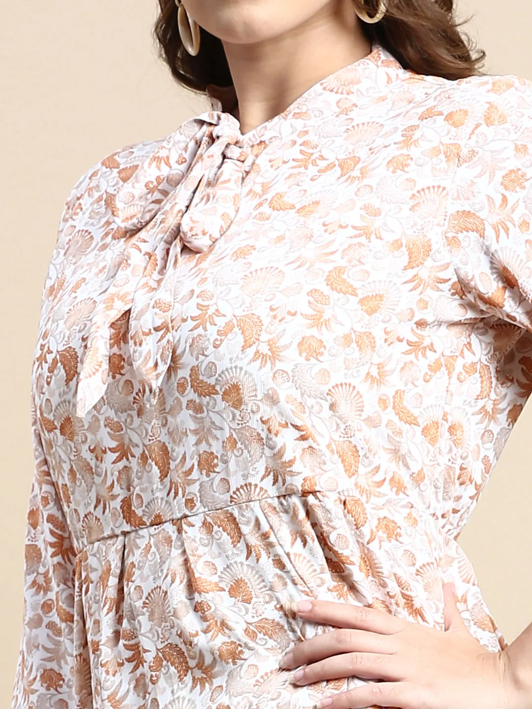 Women Tie-Up Neck Brown Bohemian Fit and Flare Dress