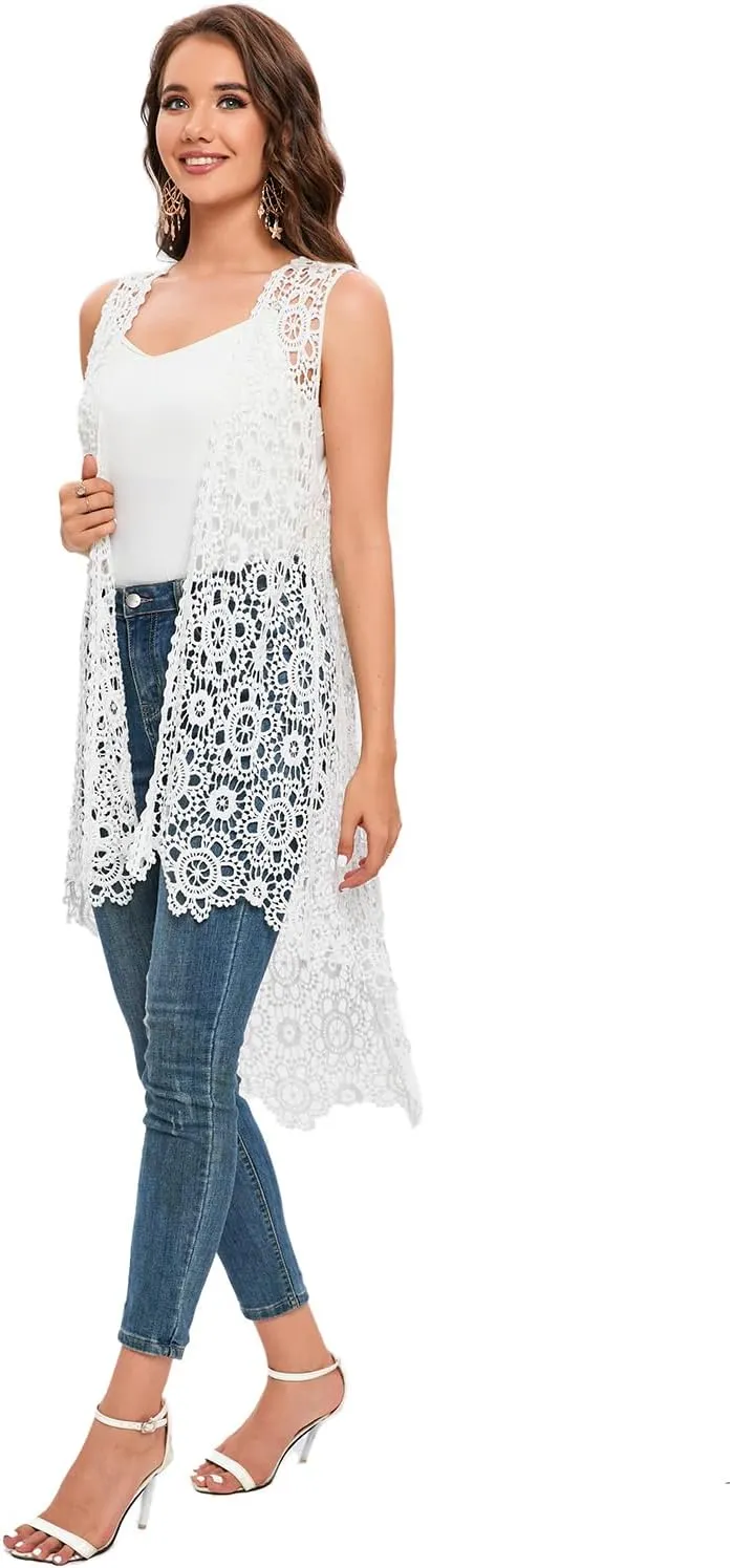 Women's Casual Long Crochet Vest Loose Fit Boho Lace Cover up High Low Sleeveless Cardigan