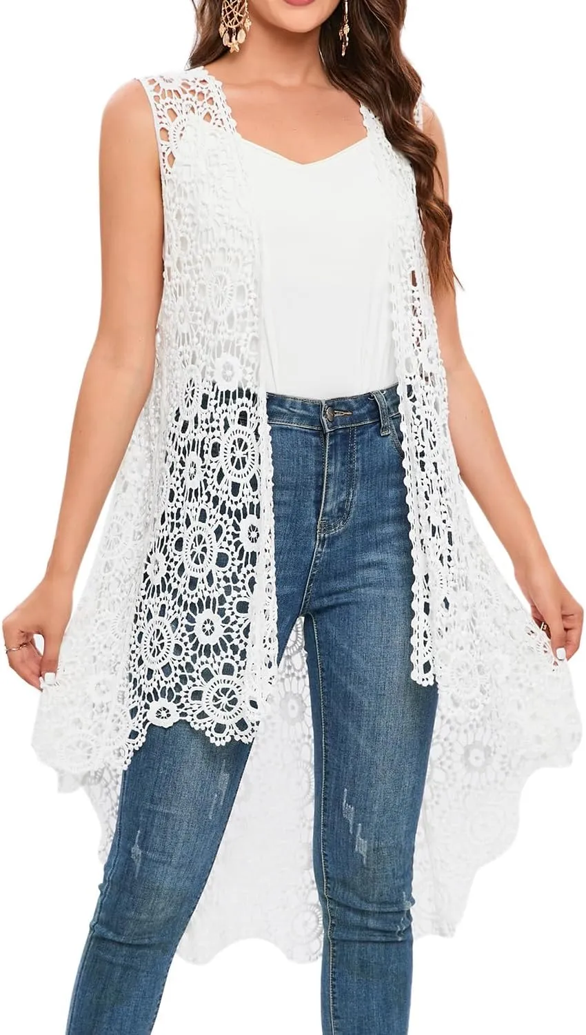 Women's Casual Long Crochet Vest Loose Fit Boho Lace Cover up High Low Sleeveless Cardigan