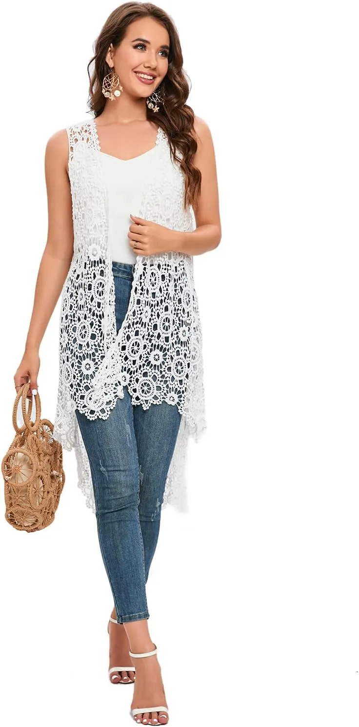 Women's Casual Long Crochet Vest Loose Fit Boho Lace Cover up High Low Sleeveless Cardigan