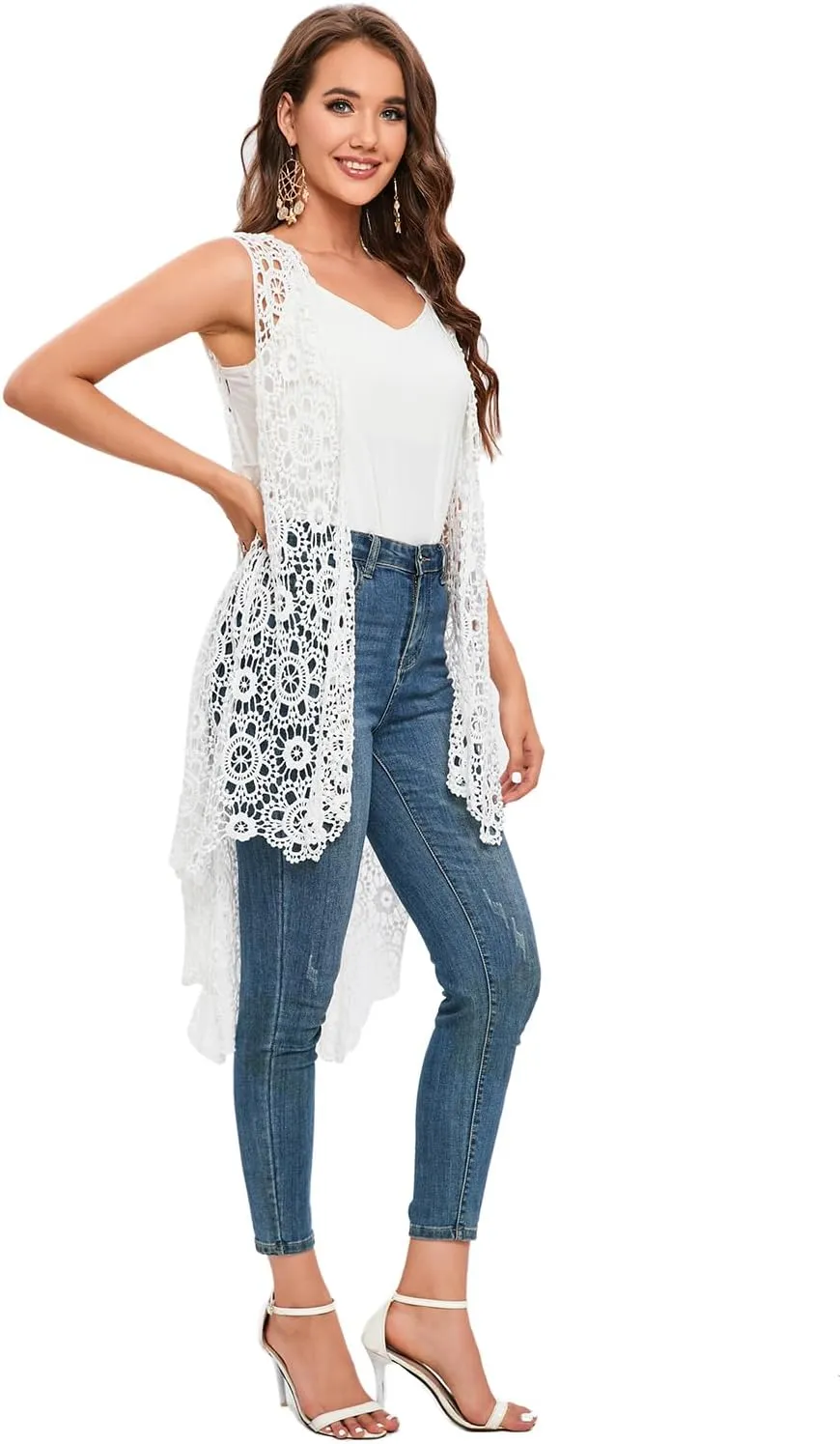 Women's Casual Long Crochet Vest Loose Fit Boho Lace Cover up High Low Sleeveless Cardigan
