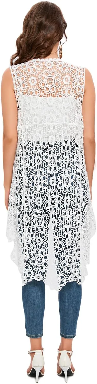 Women's Casual Long Crochet Vest Loose Fit Boho Lace Cover up High Low Sleeveless Cardigan