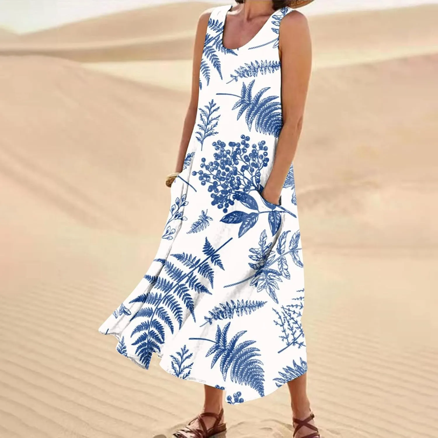 Women's Casual Sleeveless Maxi Dress 2025 Summer Tank Scoop Neck Loose Beach Sundress Beach Vacation Dresses
