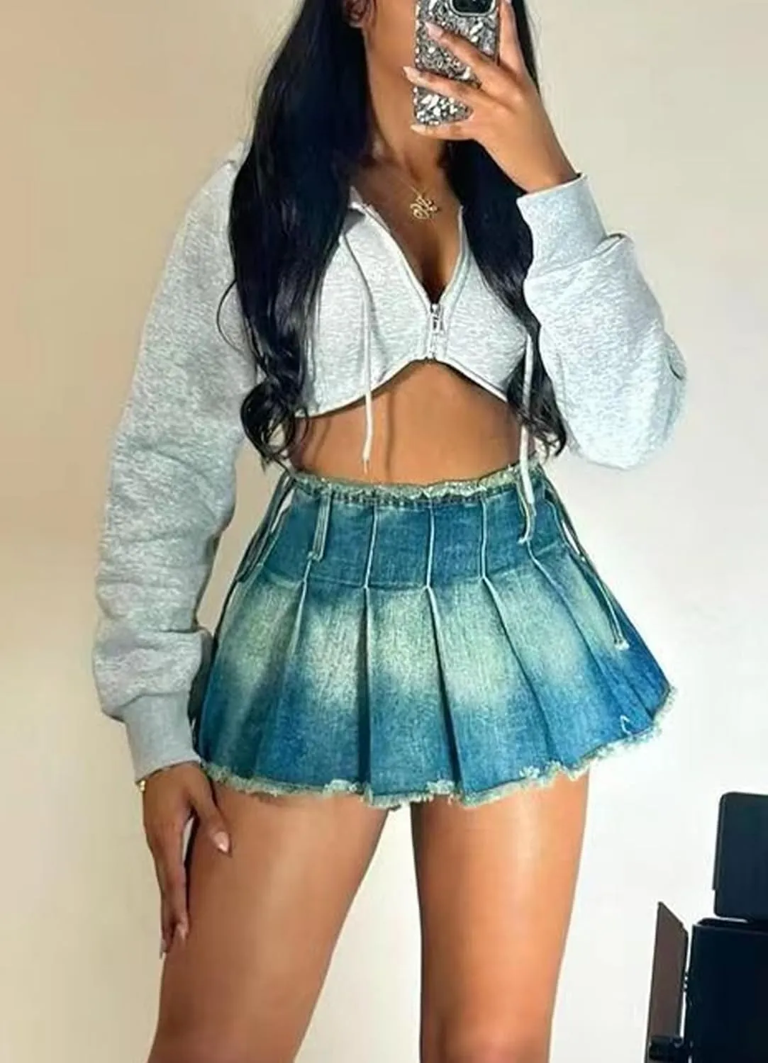 Women's Denim Cargo Mini Skirt High Waisted Casual A-Line Ruffle Pleated Y2K Bodycon Jean Short Skirts