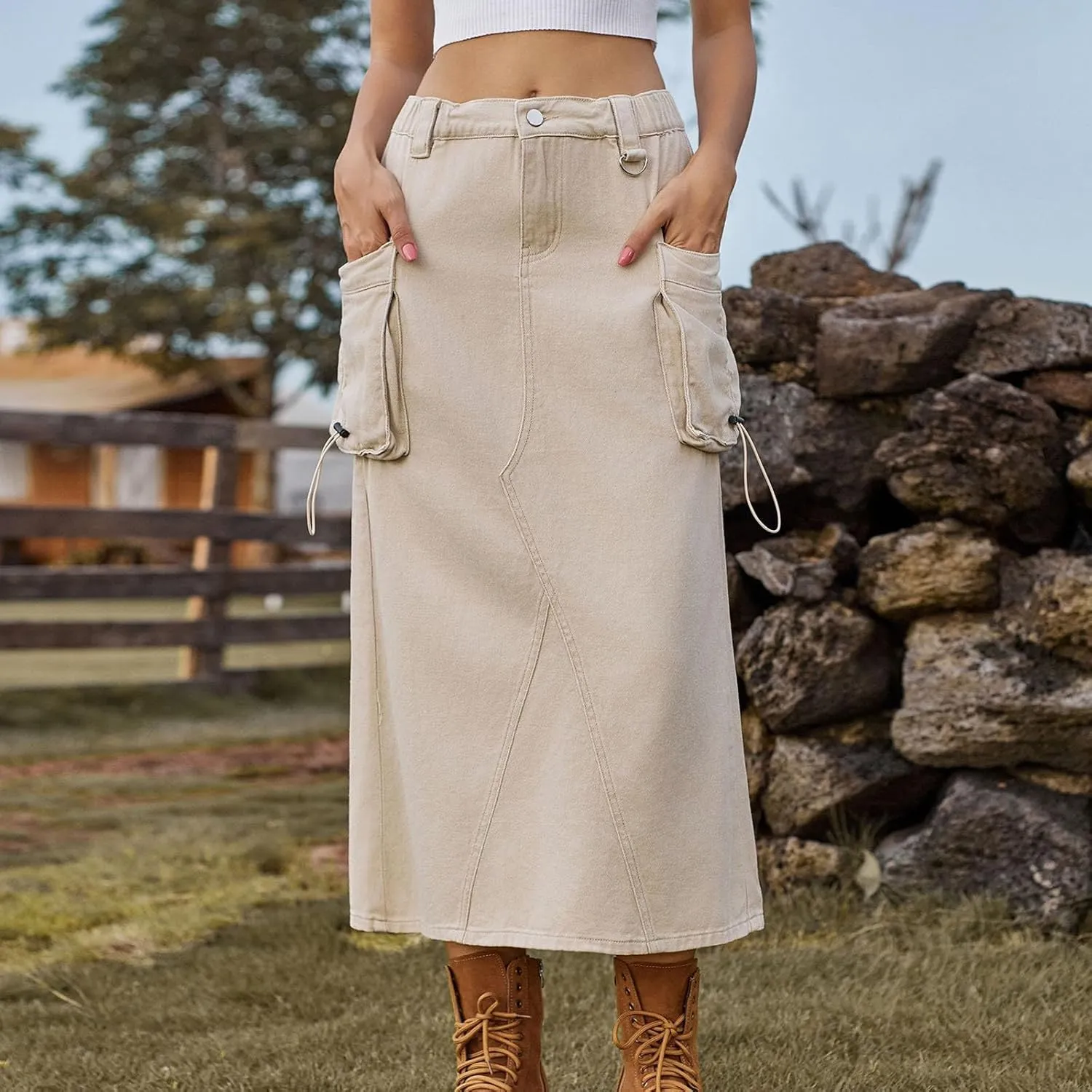 Women's Denim Cargo Skirt Elastic High Waisted Pencil Skirts Casual Button Midi Long Jean Skirt with Cargo Pockets