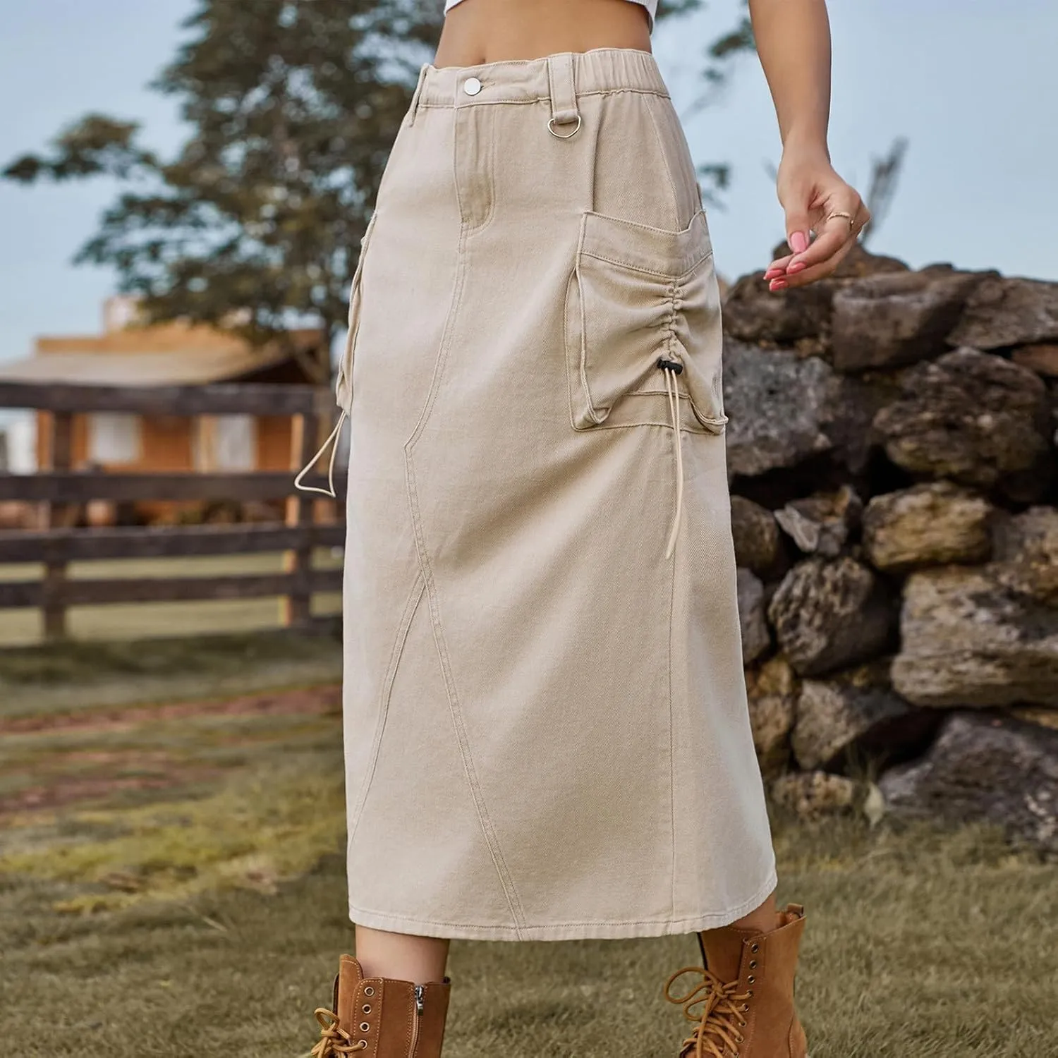 Women's Denim Cargo Skirt Elastic High Waisted Pencil Skirts Casual Button Midi Long Jean Skirt with Cargo Pockets
