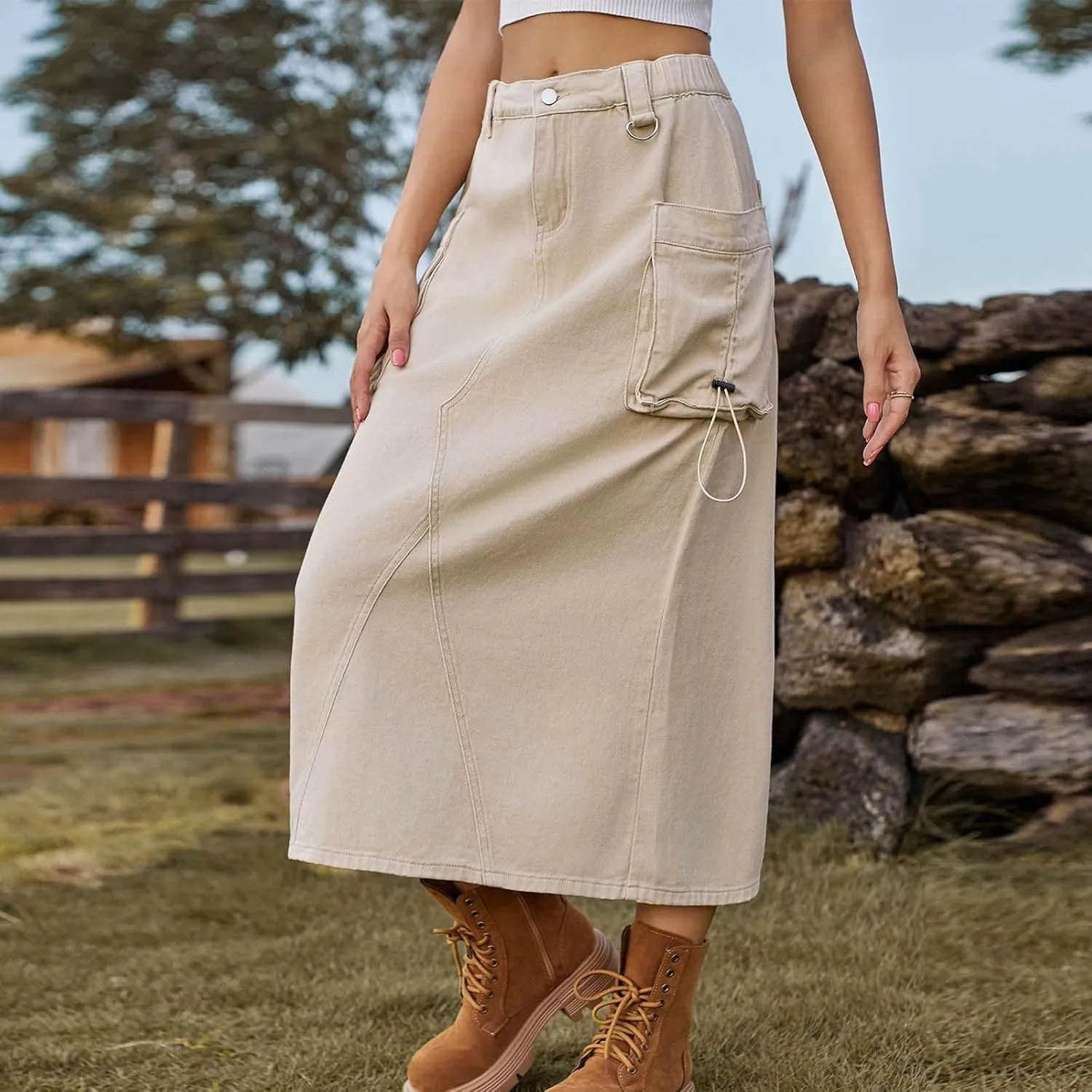 Women's Denim Cargo Skirt Elastic High Waisted Pencil Skirts Casual Button Midi Long Jean Skirt with Cargo Pockets