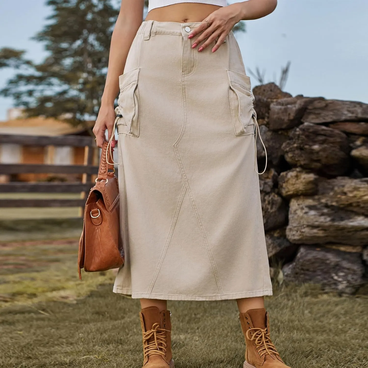 Women's Denim Cargo Skirt Elastic High Waisted Pencil Skirts Casual Button Midi Long Jean Skirt with Cargo Pockets