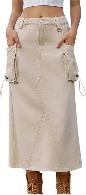 Women's Denim Cargo Skirt Elastic High Waisted Pencil Skirts Casual Button Midi Long Jean Skirt with Cargo Pockets