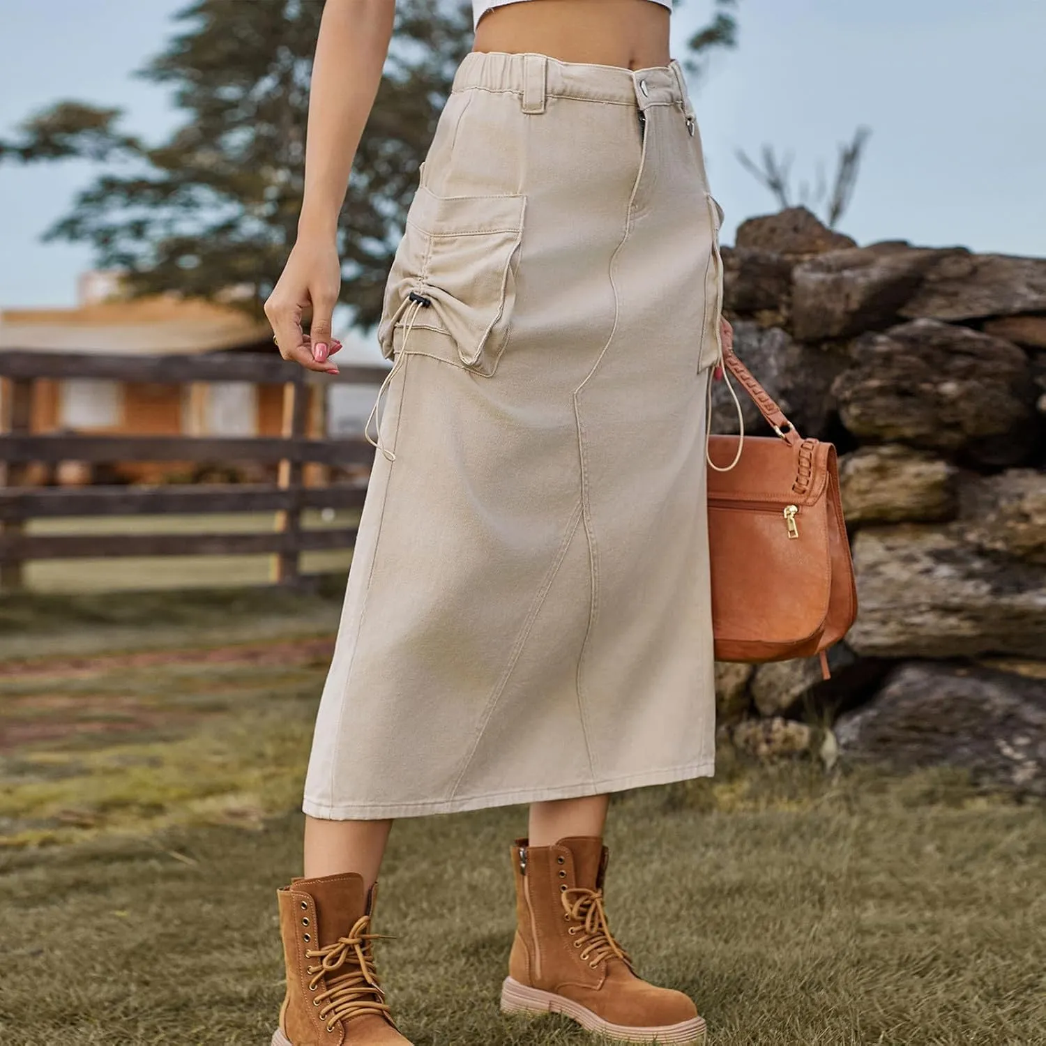 Women's Denim Cargo Skirt Elastic High Waisted Pencil Skirts Casual Button Midi Long Jean Skirt with Cargo Pockets