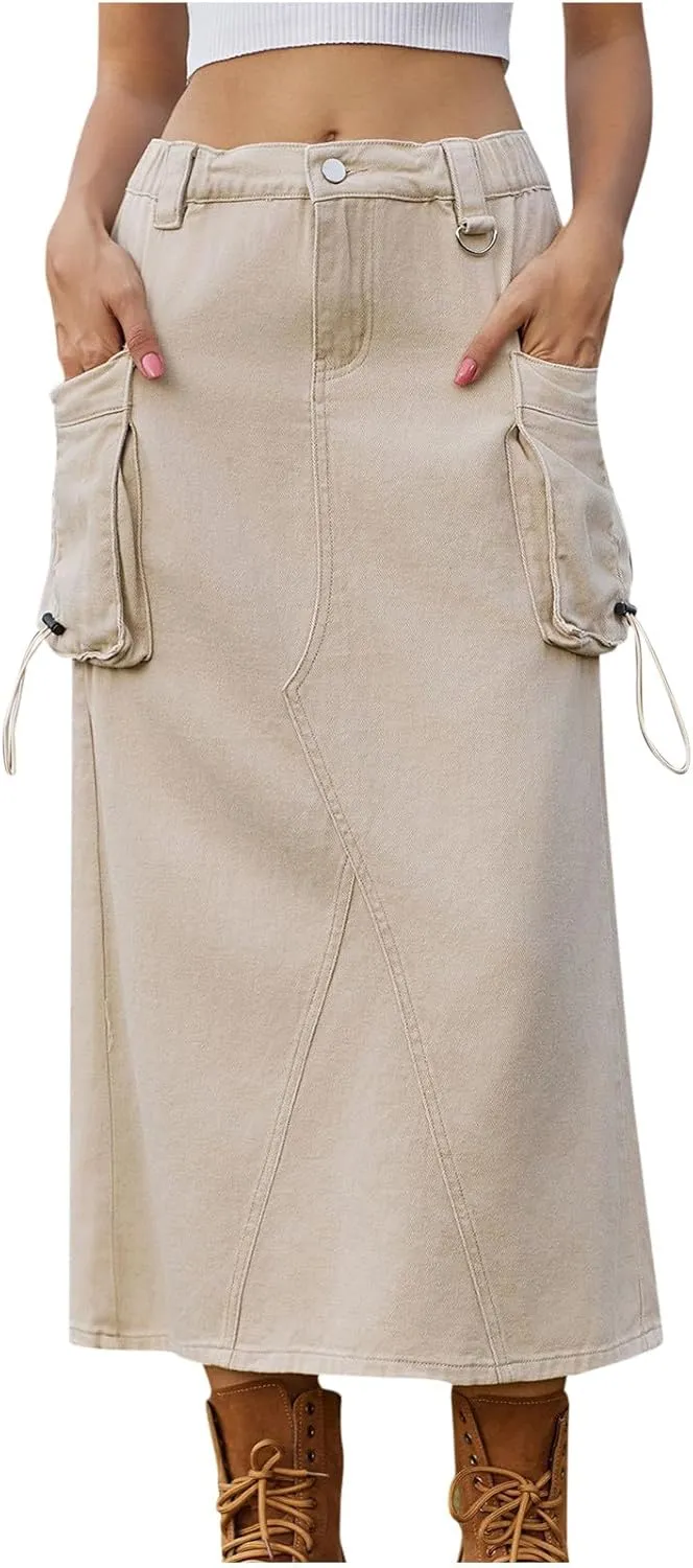 Women's Denim Cargo Skirt Elastic High Waisted Pencil Skirts Casual Button Midi Long Jean Skirt with Cargo Pockets