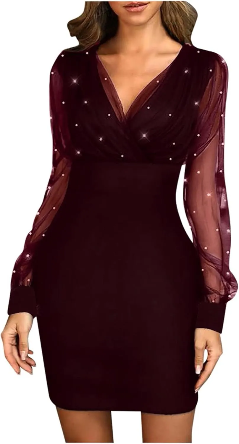 Womens Dresses Sexy Sheer Mesh Long Sleeve Mini Dress Ruched Bodycon Cocktail Party Dress Elegant V Neck Dresses