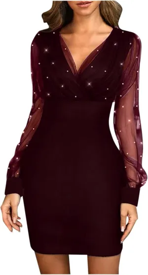 Womens Dresses Sexy Sheer Mesh Long Sleeve Mini Dress Ruched Bodycon Cocktail Party Dress Elegant V Neck Dresses